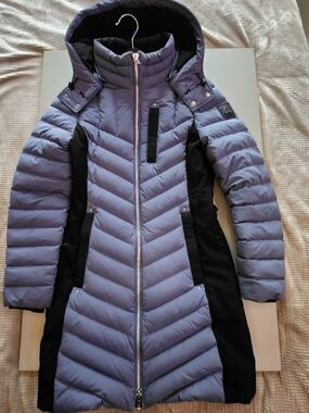 Long Quilted Hooded Puffer Coat in Light Blue and Black